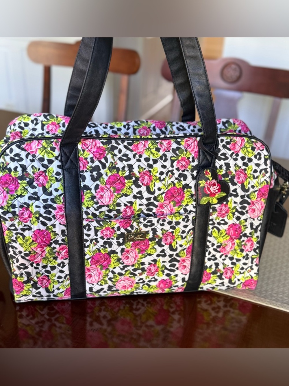 Betsey Johnson Quilted Floral Leopard Weekender Duffle Bag